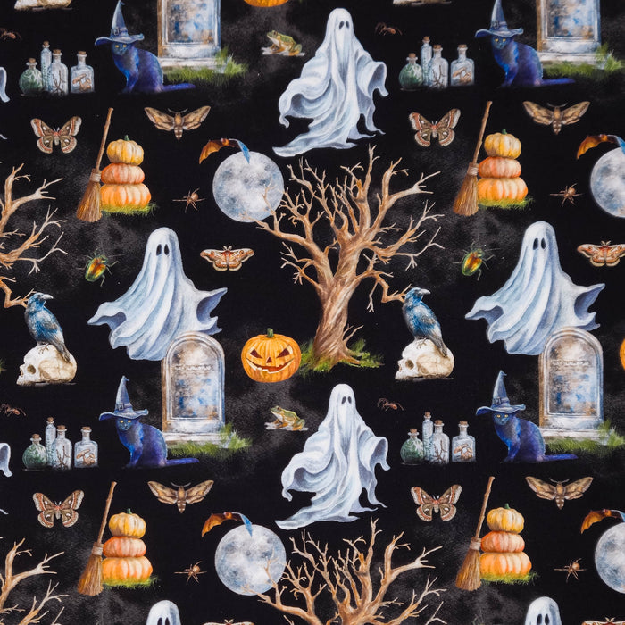 A repeating Halloween-themed pattern on a black cotton fabric, featuring white ghosts, orange pumpkins, bare trees, blue cats, tombstones, butterflies, brooms, potion bottles, and a full moon.