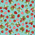 Pattern of strawberries and flowers on a turquoise cotton quilting fabric