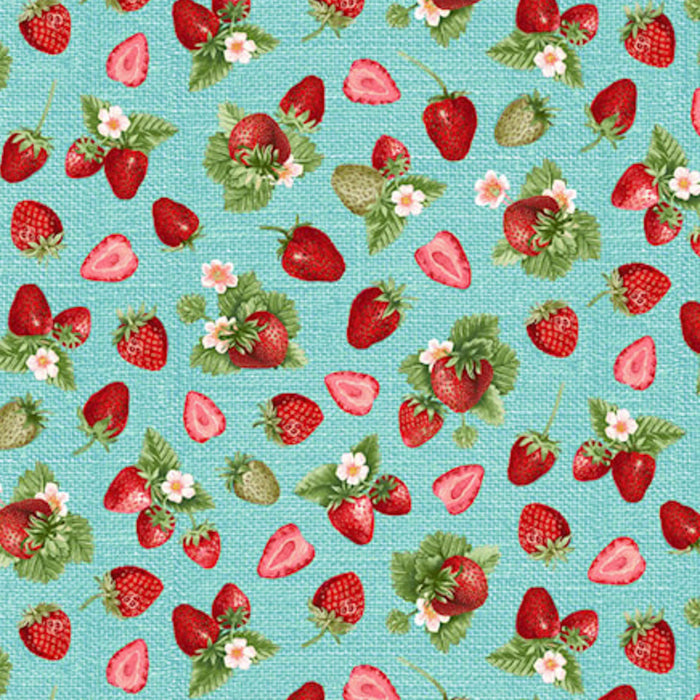 Pattern of strawberries and flowers on a turquoise cotton quilting fabric