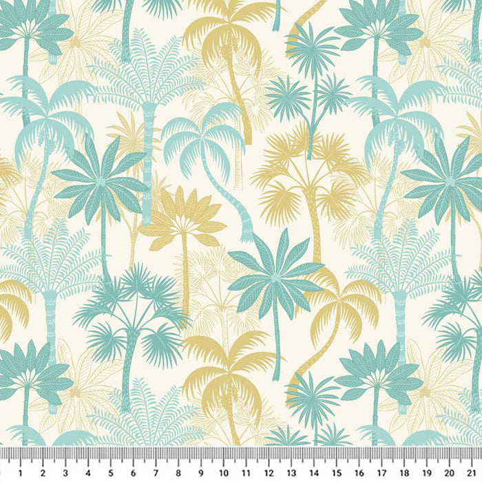 Beautiful summer palm trees in beachy shades of sand and sea printed on a cream quilting cotton.