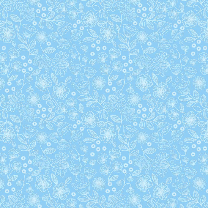 Wildflowers printed on a sky blue cotton quilting fabric