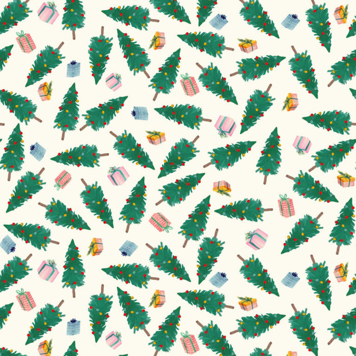Pattern of Christmas trees and presents on a white cotton quilting fabric.