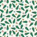 Pattern of Christmas trees and presents on a white cotton quilting fabric.