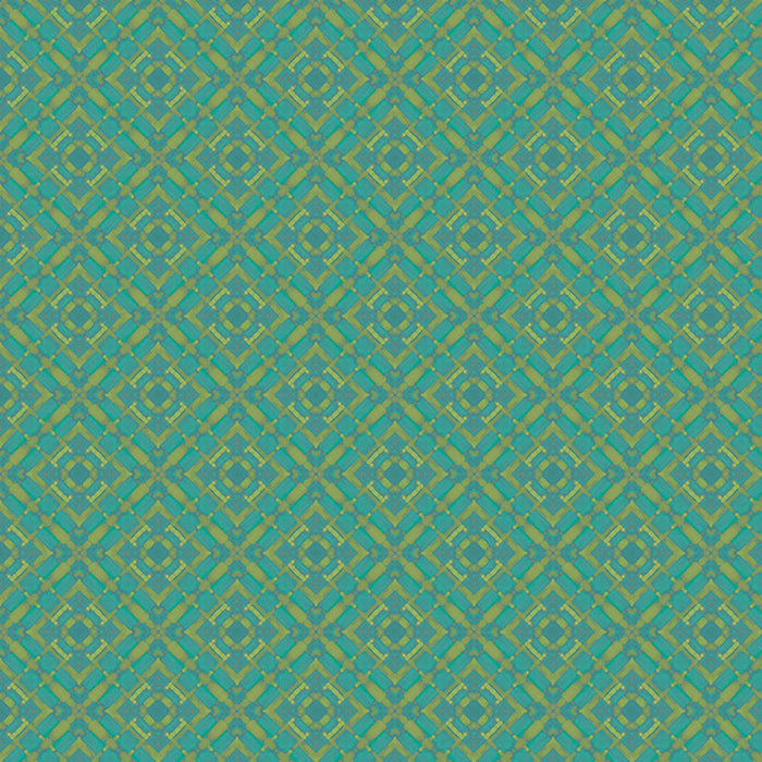 A geometric pattern of diamonds in an olive and turquoise colourway, printed on a cotton quilting fabric