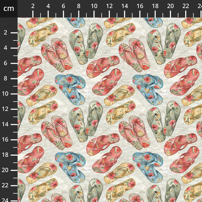 Pattern of colorful flip-flops on a fabric swatch with a ruler for scale.