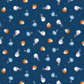 Pattern of coffee cups and related items on a blue cotton quilting fabric
