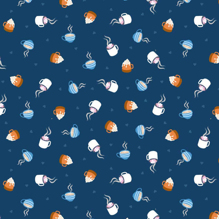 Pattern of coffee cups and related items on a blue cotton quilting fabric
