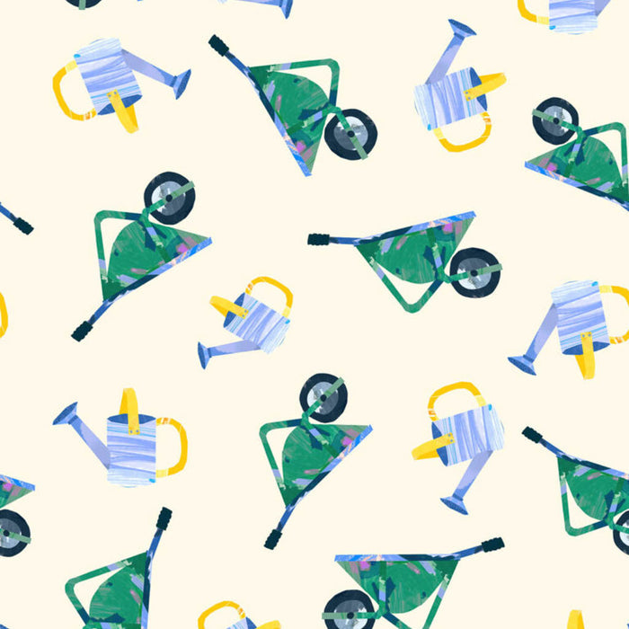 Pattern of colorful watering cans and wheelbarrows on a light cotton quilting fabric