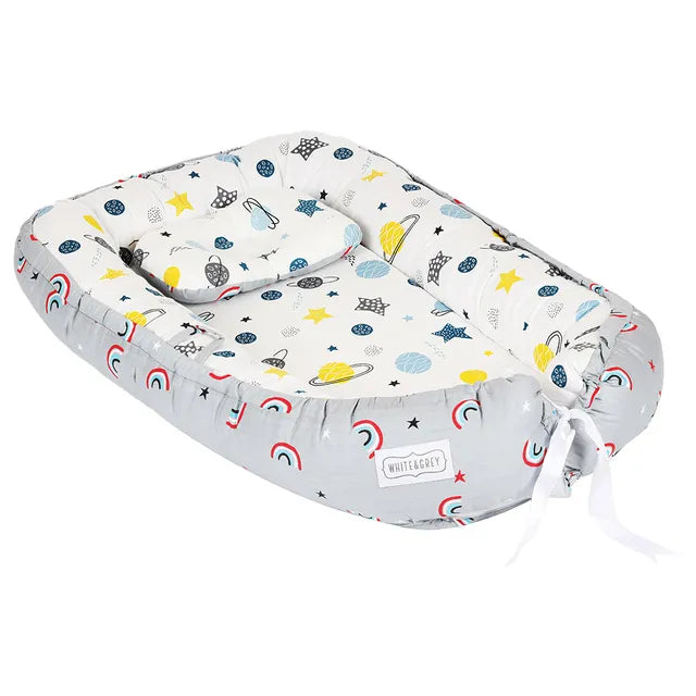 White & Grey Baby Nest With Pillow (Rainbow/Planet)