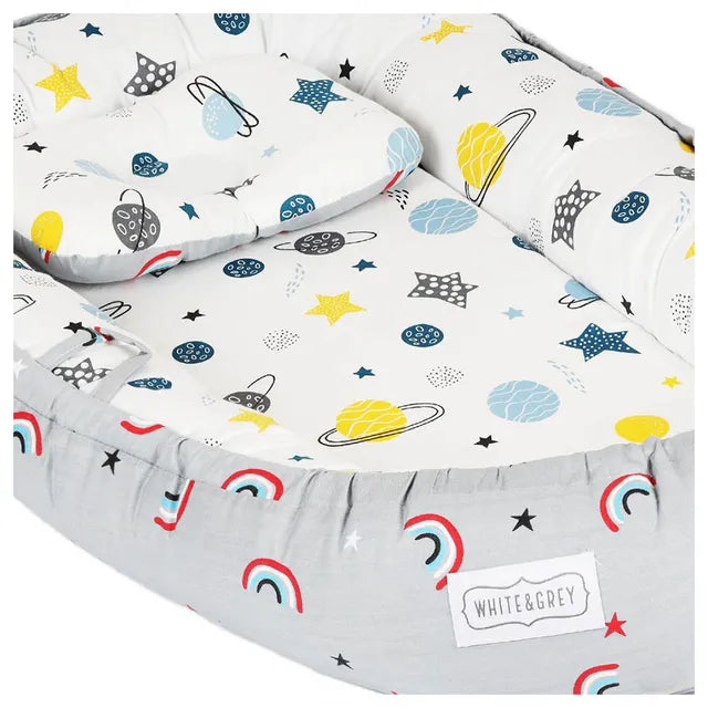 White & Grey Baby Nest With Pillow (Rainbow/Planet)