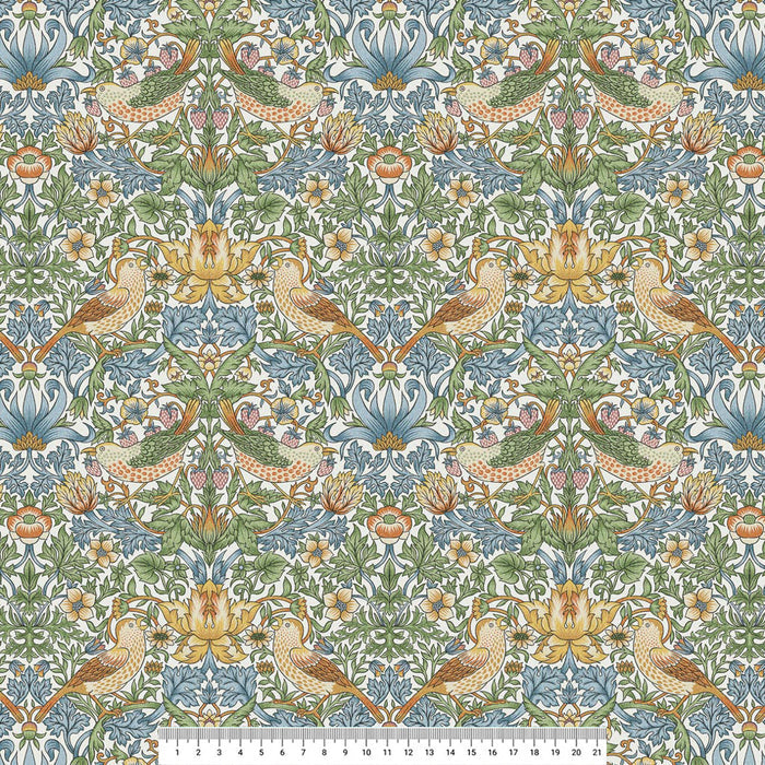 William Morris Strawberry Thief in sky blue printed on a cotton fabric with a cm ruler