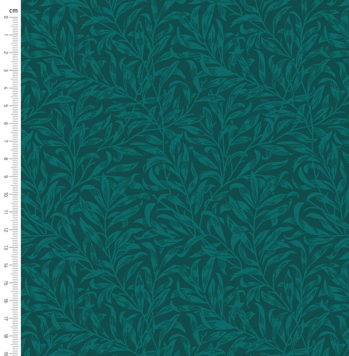 Teal willow bough design printed on quilting fabric with a cm ruler