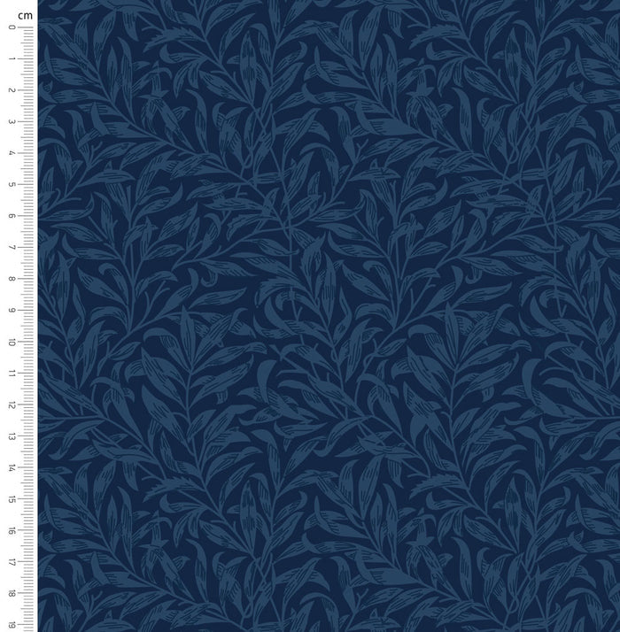 Navy blue willow bough design printed on quilting cotton fabric with a cm ruler