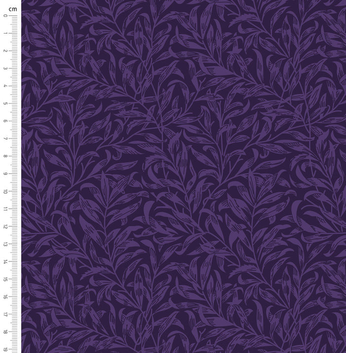 Purple willow bough design printed on quilting fabric with a cm ruler