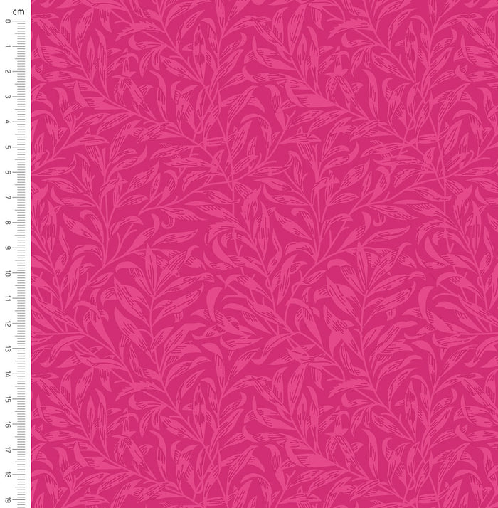 Bright pink willow bough design printed on quilting fabric with a cm ruler