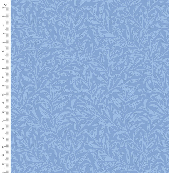 Cornflower blue willow bough design printed on quilting fabric with a cm ruler