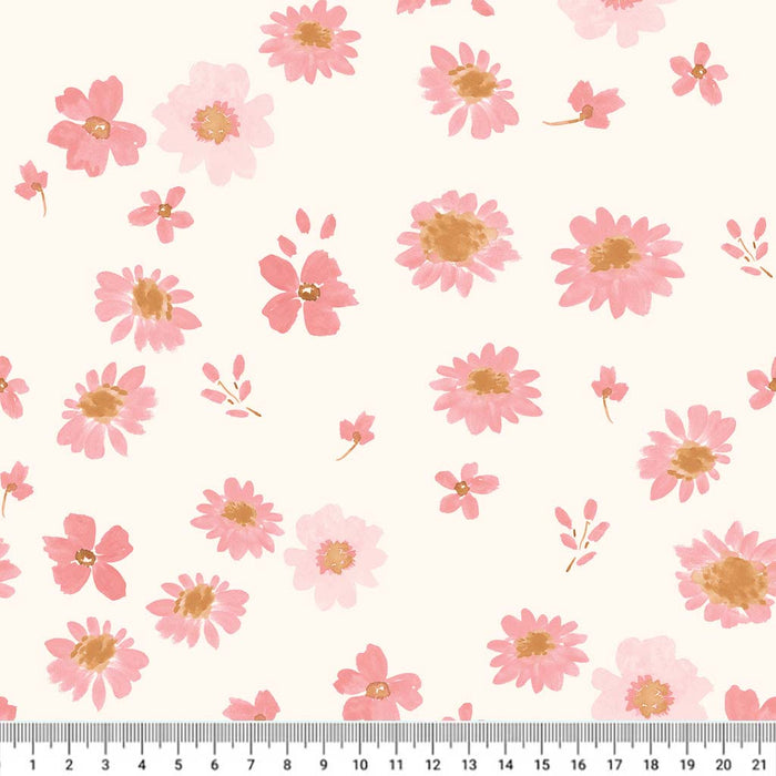 Coral flowers printed on an ivory cotton fabric with a cm ruler